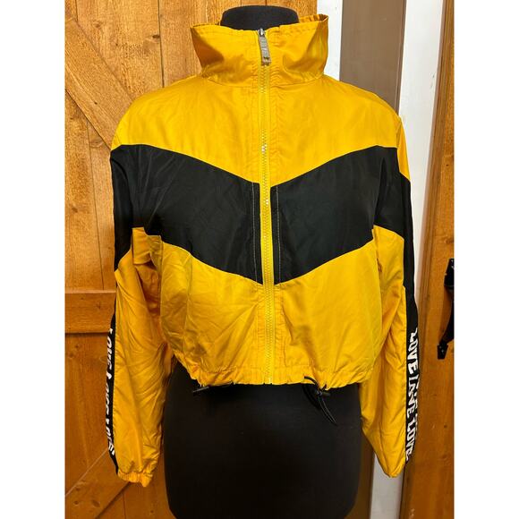 Women's Large Yellow Black Jacket LOVE GUC Cropped - Picture 4 of 8